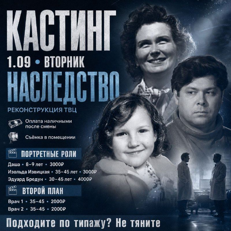 Заказ: Кастинг на реконструкцию ТВЦ «Наследство» в Москве. Съёмка пройдёт 1… · Москва