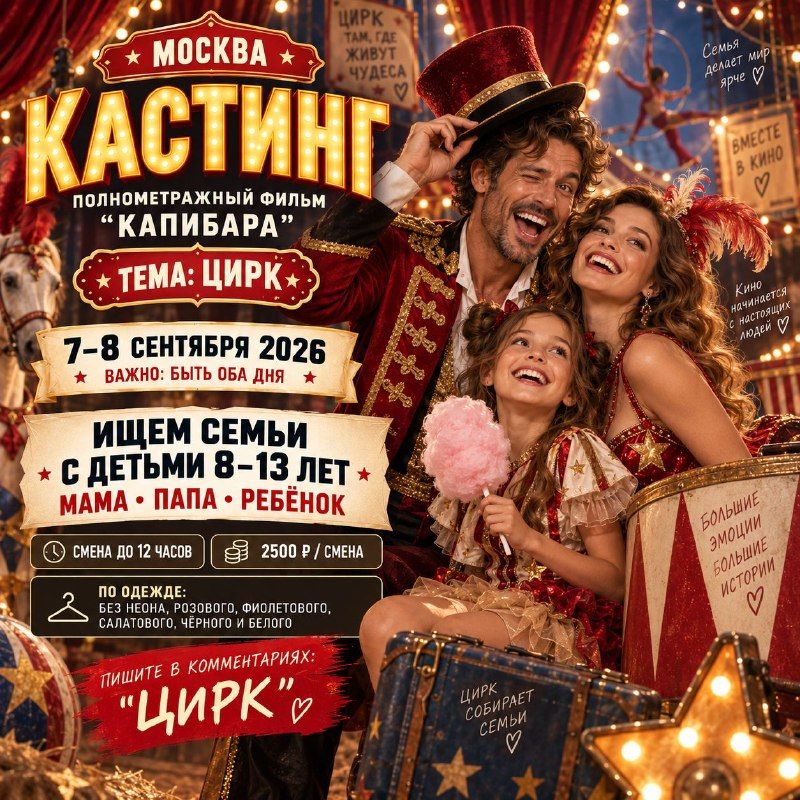 Заказ: Полнометражный фильм «Капибара» ищет семьи для съёмок в цирке… · Москва